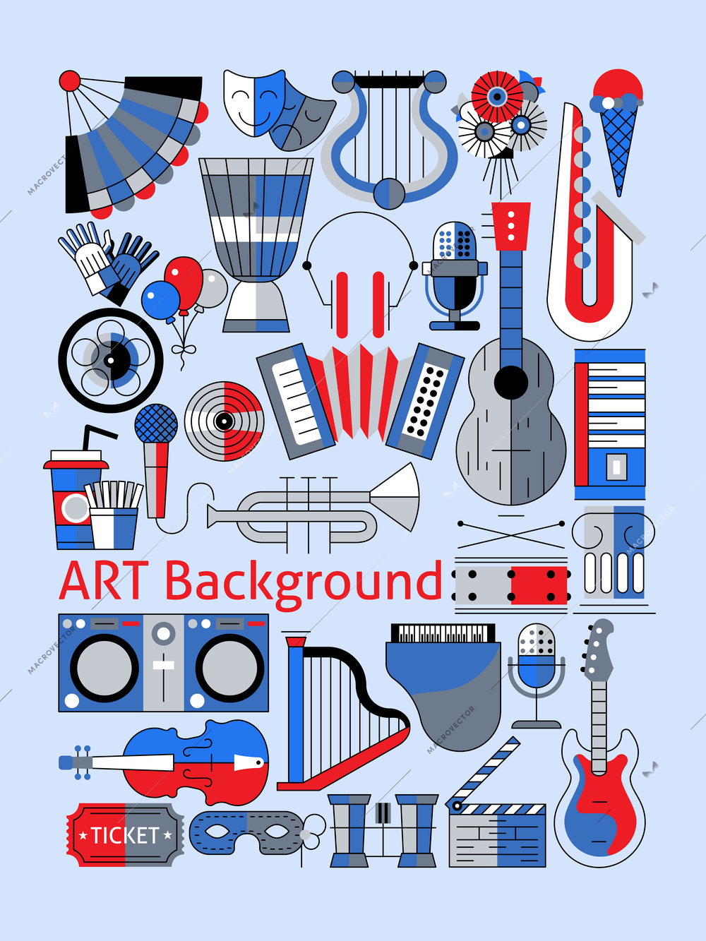 Art flat line set with musical instruments theater tickets and decoration vector illustration.