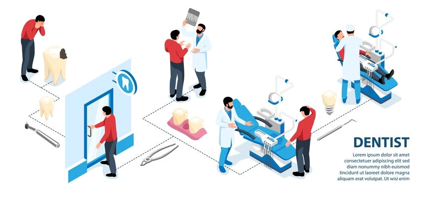 Dentist isometric infographics with doctors patients in medical chair dentistry instruments teeth and dentures icons vector illustration