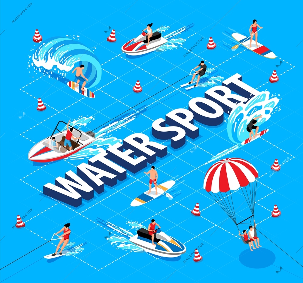 Watersport isometric flowchart with speed boat and supboard symbols vector illustration