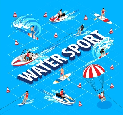 Watersport isometric flowchart with speed boat and supboard symbols vector illustration