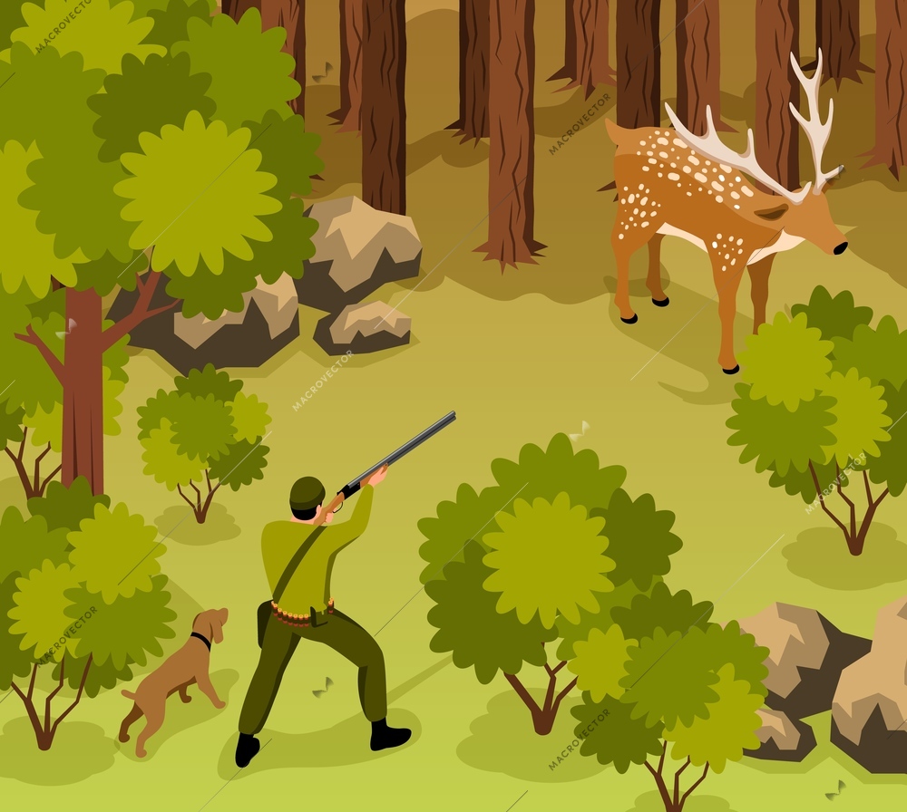 Hunter isometric background with reindeer and hunting dog in forest vector illustration