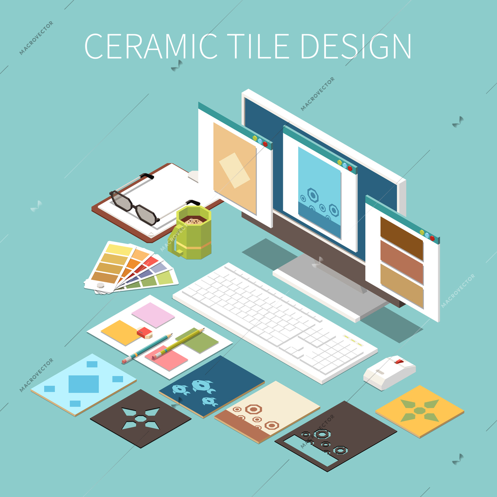 Ceramic tile design background with different types and colors of tiles on pc screen isometric vector illustration