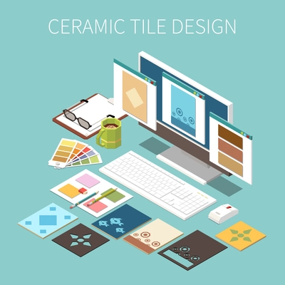 Ceramic tile design background with different types and colors of tiles on pc screen isometric vector illustration