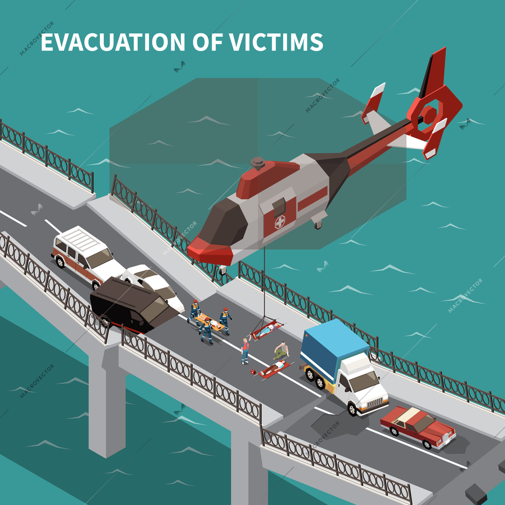 Emergency isometric background demonstrated evacuation of victims by helicopter after traffic accident on broken bridge 3d vector illustration