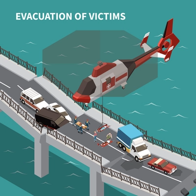 Emergency isometric background demonstrated evacuation of victims by helicopter after traffic accident on broken bridge 3d vector illustration