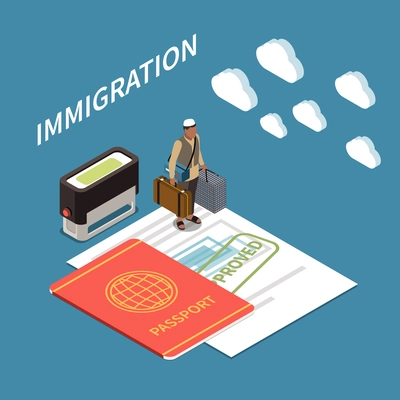 Immigration isometric background with little man holding suitcases in both hands standing on big visa with approved stamp vector illustration