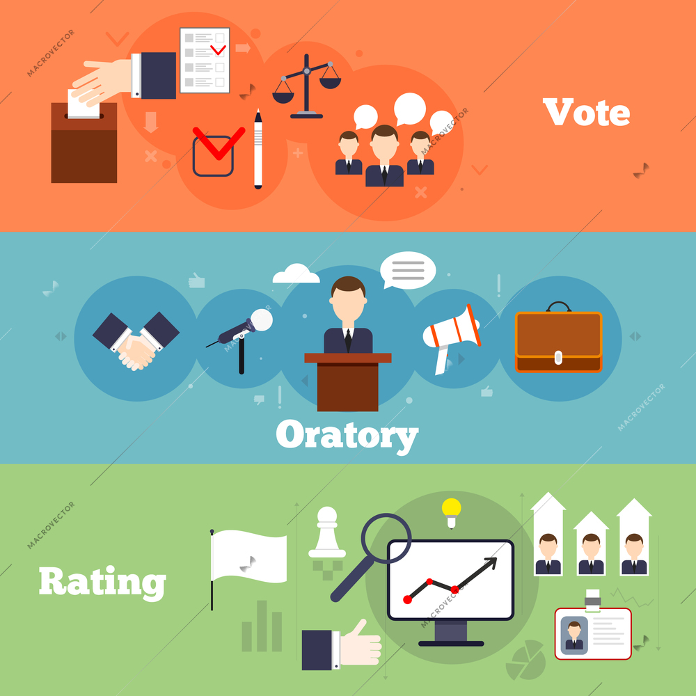 Elections and voting flat banner set with oratory rating isolate vector illustration