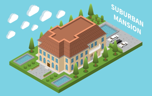 Suburban mansion isometric composition with two storied house pools and park trees around vector illustration