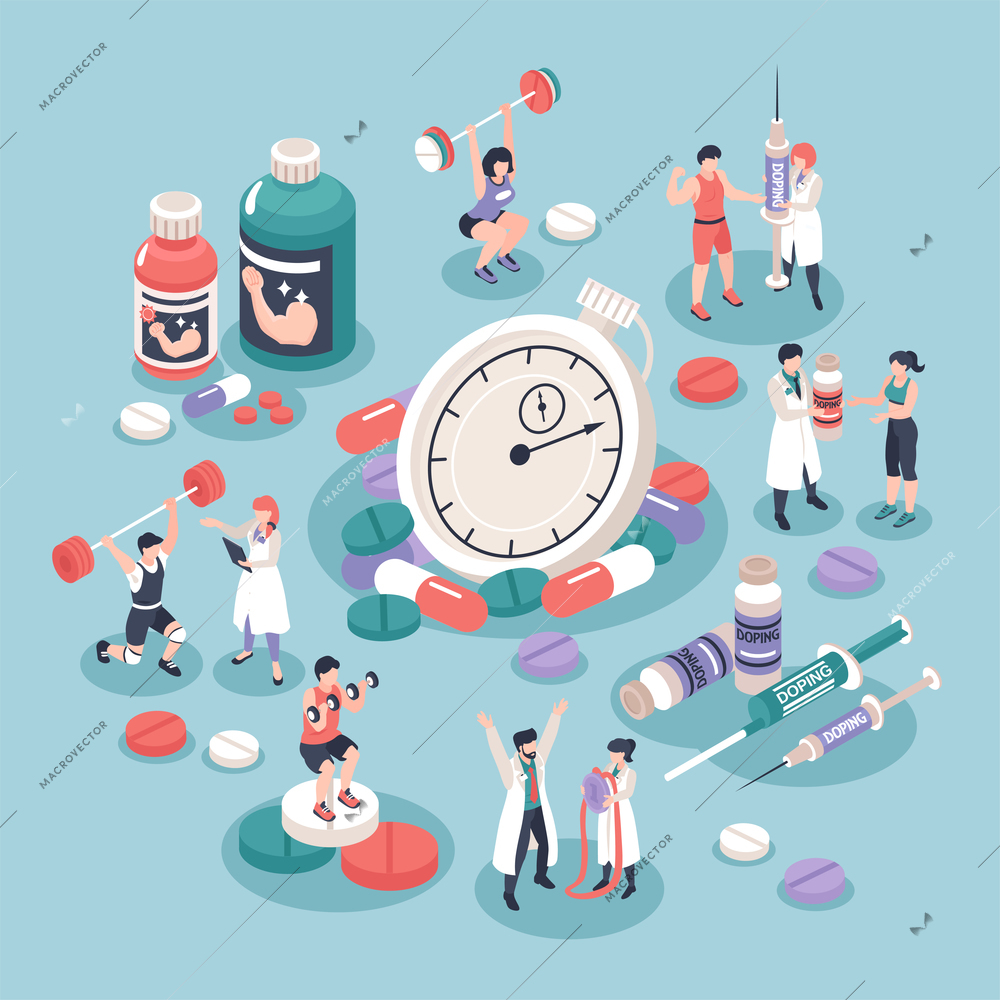 Isometric doping in sports concept with 3d pills drugs syringes athletes and stopwatch on colored background vector illustration