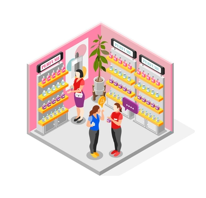 Perfume shop concept with variety and choice symbols isometric vector illustration