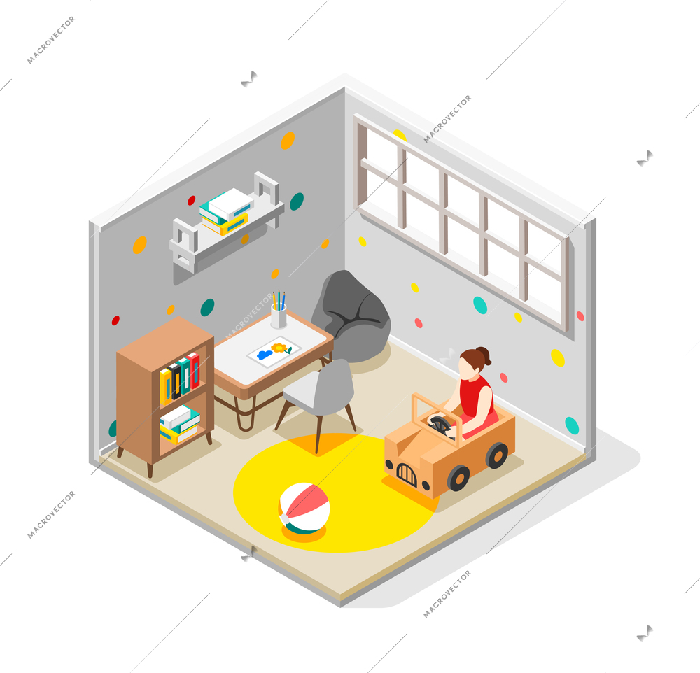 Cardboard toys concept with child playing symbols isometric vector illustration