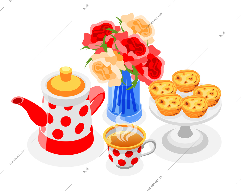 Tea day composition with teapot flowers and teacup isometric vector illustration