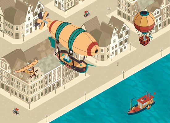Steampunk isometric background with fantasy air balloon above fairytale town with old european architecture houses vector illustration