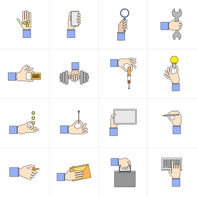 Human hands holding different objects flat icons set with card weights lightbulb isolated vector illustration