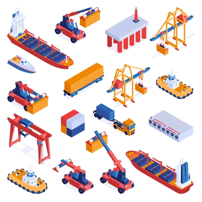 Sea container terminal isometric icons set of delivery water transport and equipment for cargo transshipment isolated vector illustration