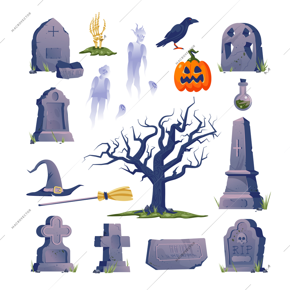 Cemetery gravestone halloween icon set with creepy ghost tombstones and Halloween attributes vector illustration