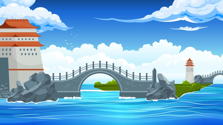 Bridges landscape composition with bridge from large land to small island in the sea vector illustration