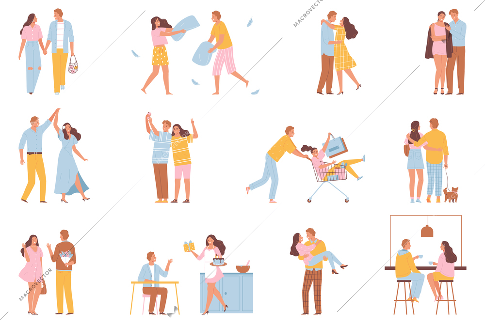 Couple in love set of isolated compositions with human characters of lovers having good time together vector illustration