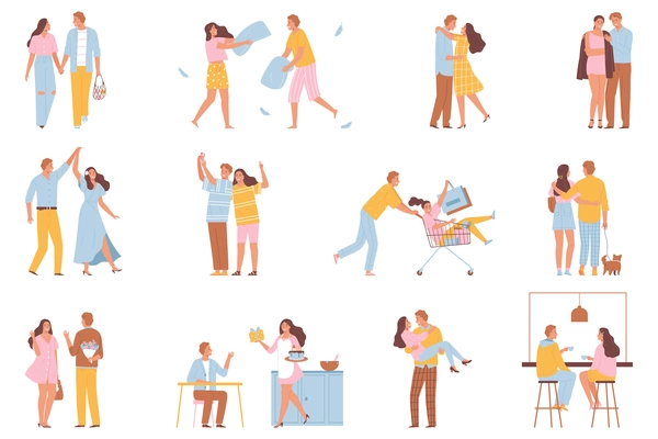 Couple in love set of isolated compositions with human characters of lovers having good time together vector illustration