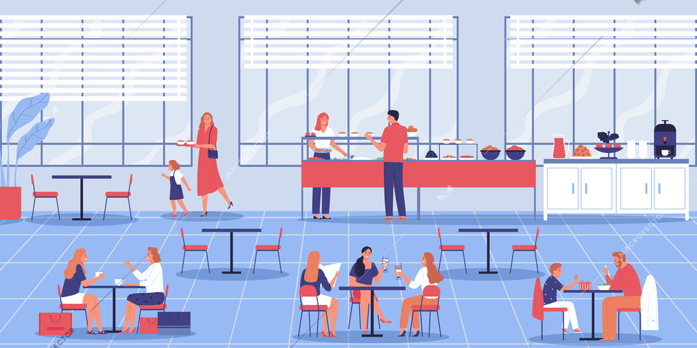 Canteen cafe composition with indoor interior of food court place with counters and visitors at tables vector illustration