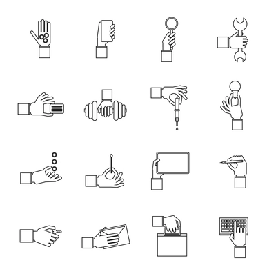 Human hands holding different objects outline icons set with money tablet pen isolated vector illustration