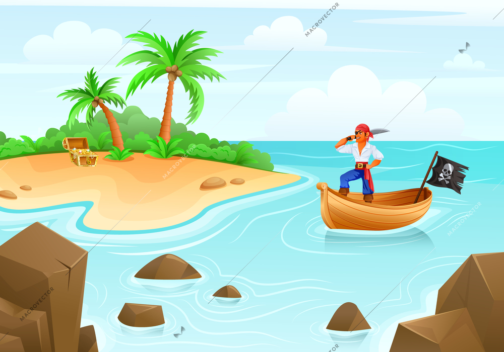 Cartoon pirate sailing on a boat past the island on which there is a treasure chest vector illustration