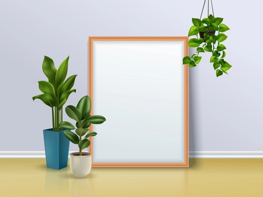 Colored composition of a mirror and three house plants one of which is suspended realistic vector illustration