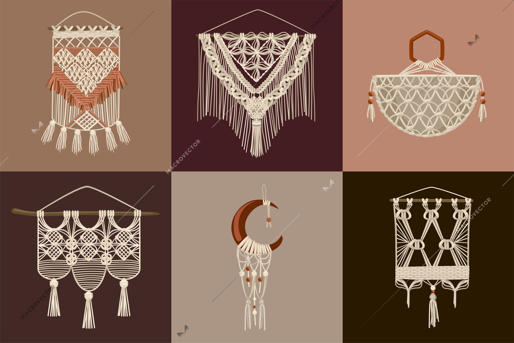 Handcrafted macrame design concept set of six square compositions with wall hanging for home decoration flat vector illustration
