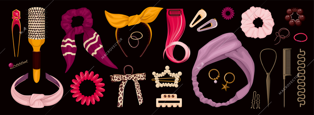 Hairdressers tools and accessories pins scrunchies and hair bands isolated color icons set on black background flat vector illustration