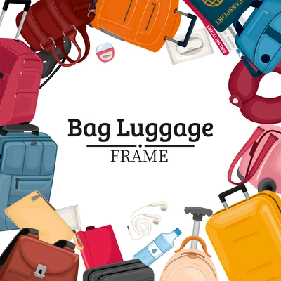 Bag luggage frame background with plastic suitcases travel bags and touristic items flat vector illustration