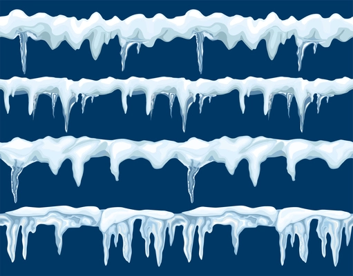 Snow borders seamless pattern with ornate hanging icicles at blue background flat vector illustration