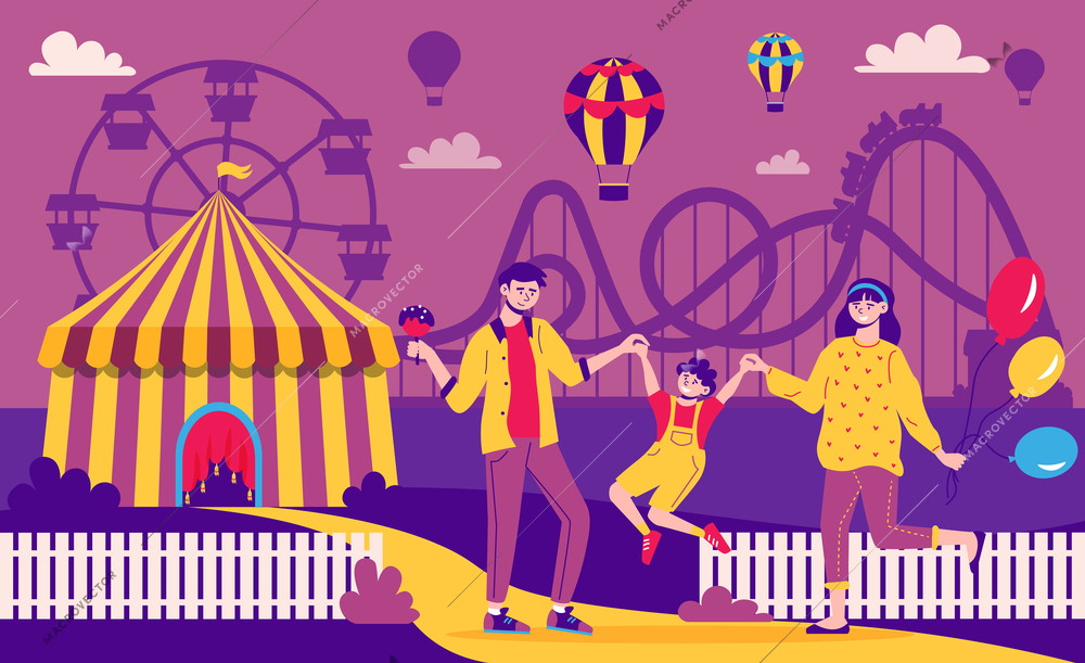 Amusement park color composition with outdoor landscape and silhouettes of amusement rides with parents and child vector illustration