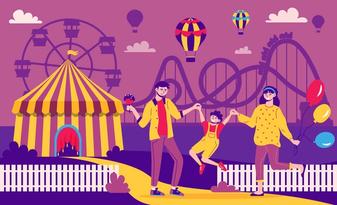 Amusement park color composition with outdoor landscape and silhouettes of amusement rides with parents and child vector illustration