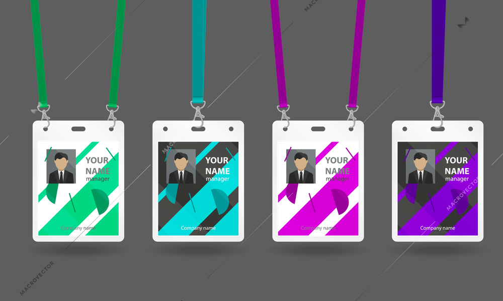 Id card badge realistic set with four identity tags with colorful strings editable name and photo vector illustration