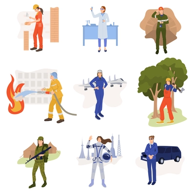 Woman professions set of flat isolated icons with female workers of different occupation on blank background vector illustration