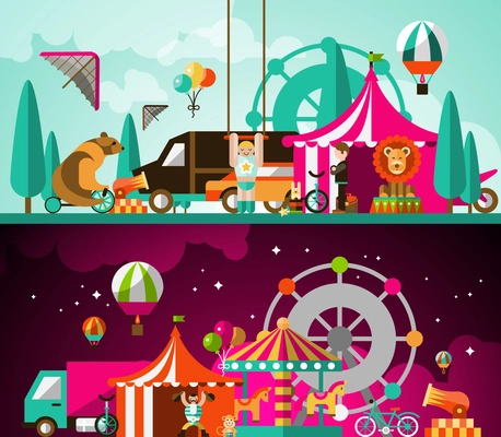 Circus entertainment attractions day and night performances background vector illustration