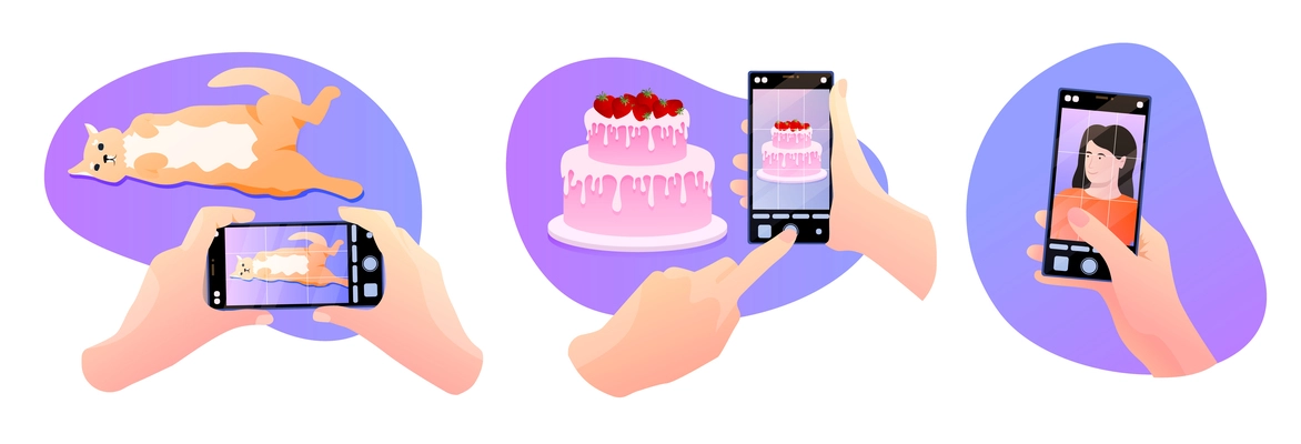 Set of three isolated vlog equipment phone shooting flat compositions with hands smartphone cat and cake vector illustration