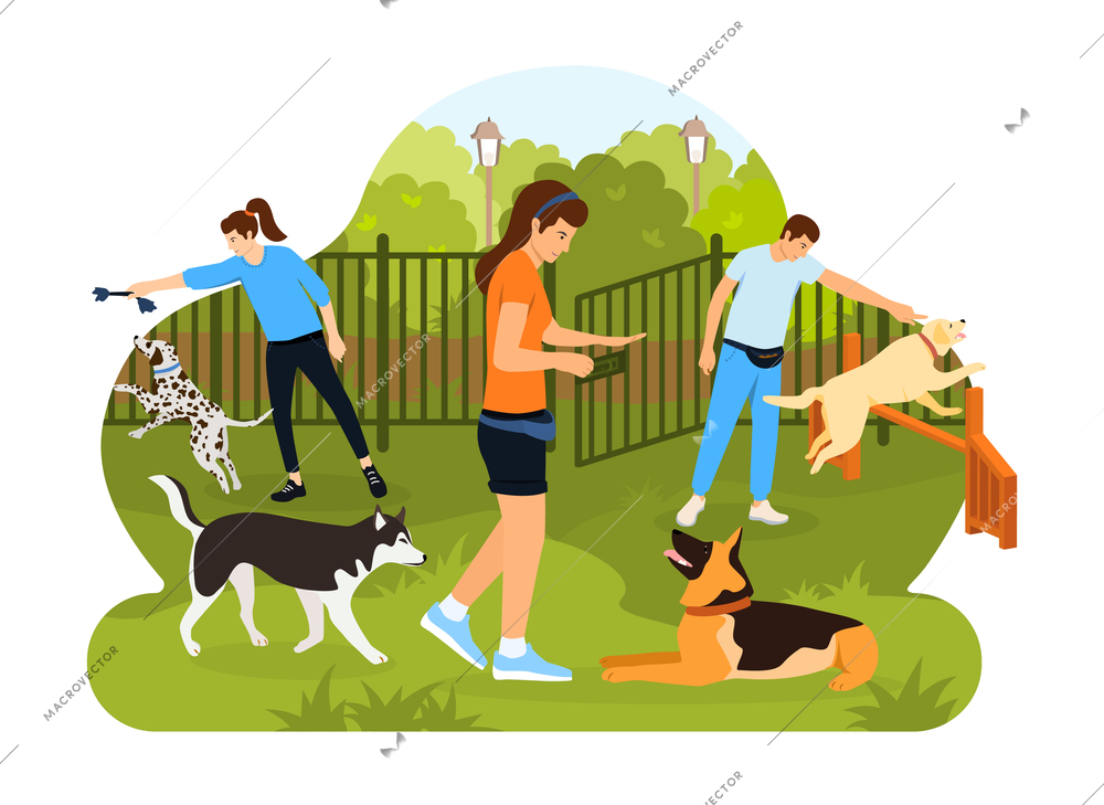 Dog training playground flat composition with city park scenery fence and human characters with their dogs vector illustration