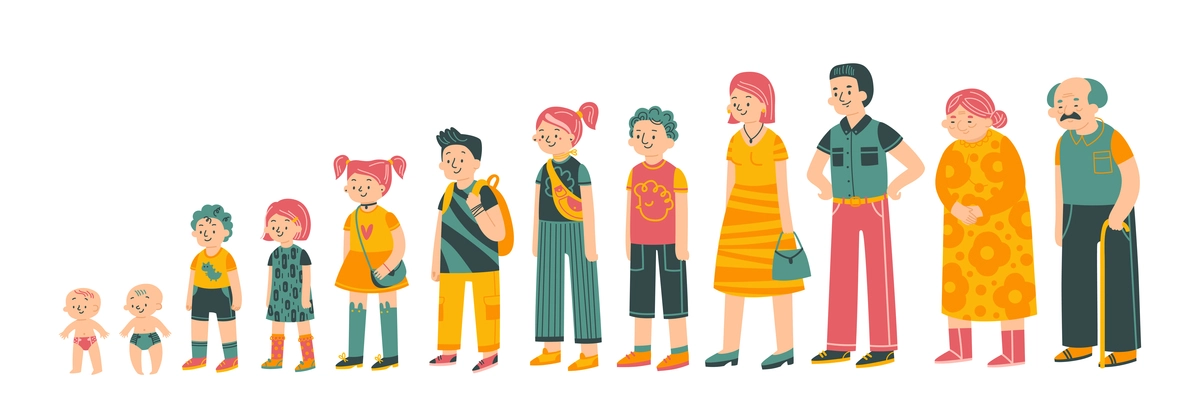 Family set of isolated doodle style human characters from babies and teenagers to adults and seniors vector illustration