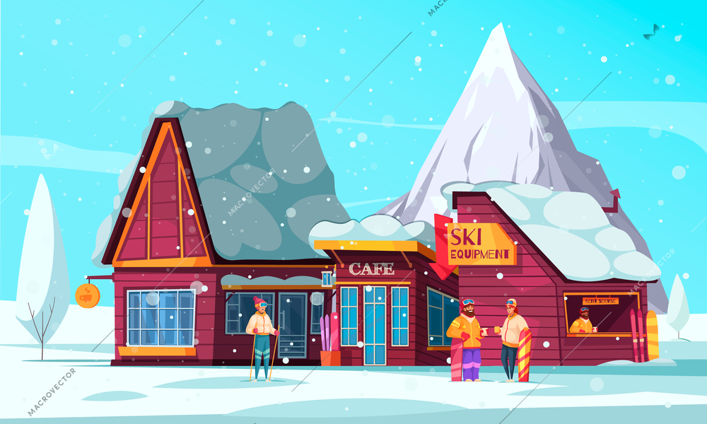 Ski resort old style wooden hut cafe downhill equipment rental in snow covered mountains cartoon vector illustration