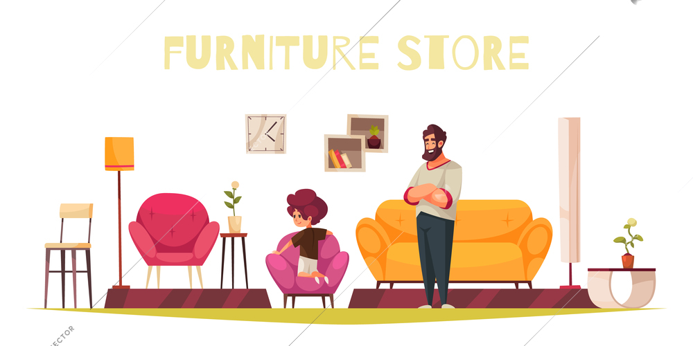 Furniture store cartoon composition father with kid choosing sofa floor lamp armchair for living room vector illustration