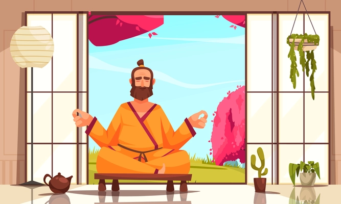 Restorative yoga with therapeutic brew in teapot cartoon composition with man meditating in lotus pose vector illustration