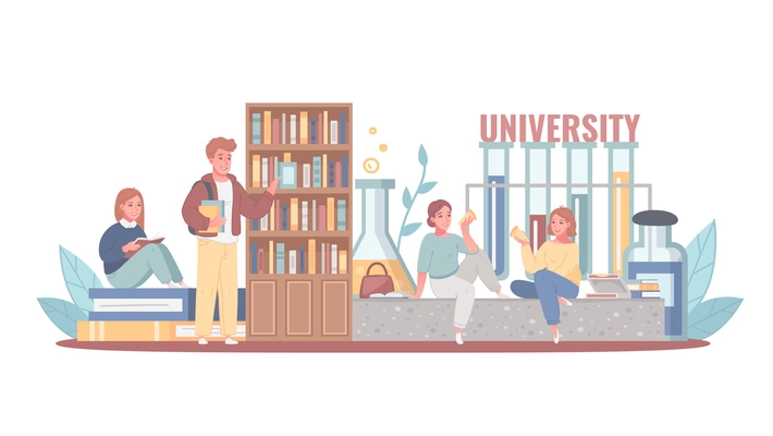 University campus students professors choosing books studying in library taking lunch break outdoor cartoon composition vector illustration