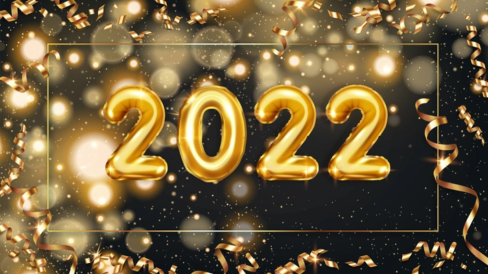 New year 2022 golden balloons in horizontal frame on background with shiny streamers bokeh lights realistic vector illustration