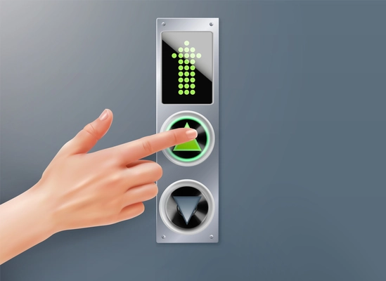 Human hand pressing button up on modern elevator dashboard realistic vector illustration