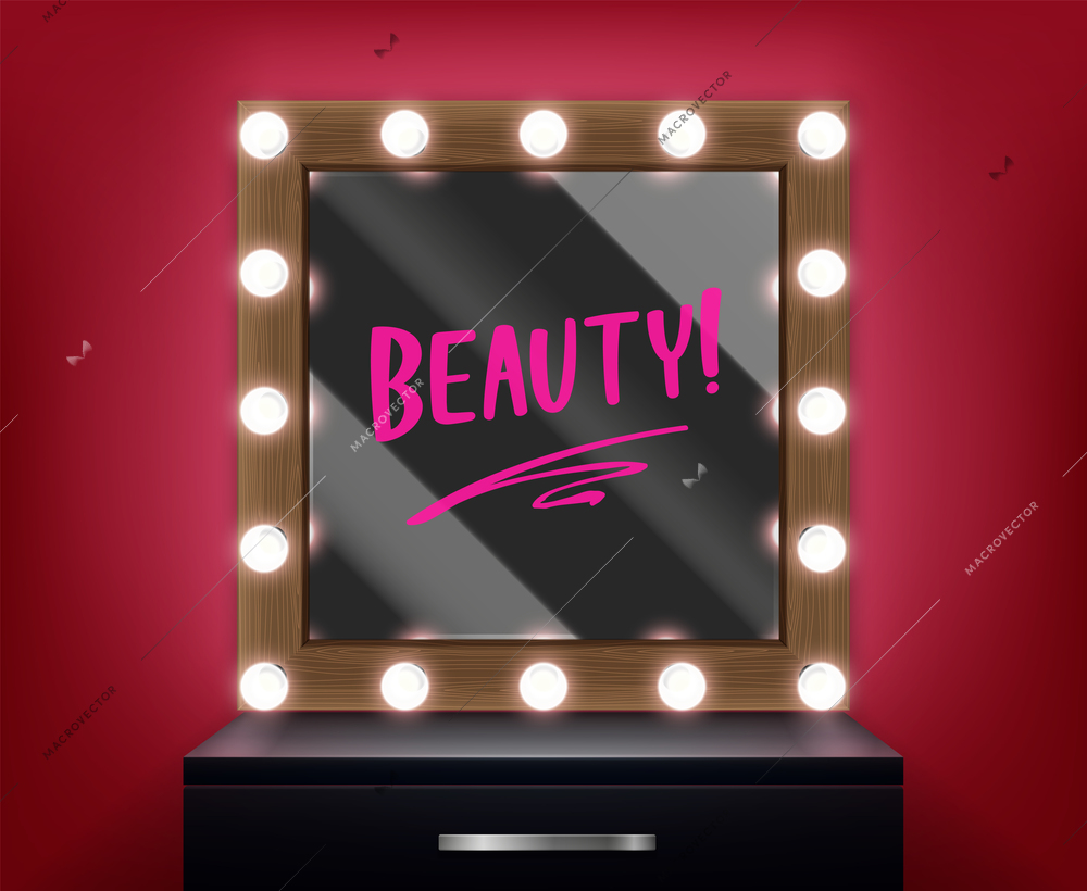 Makeup room interior with word beauty written on modern mirror with light bulbs realistic vector illustration