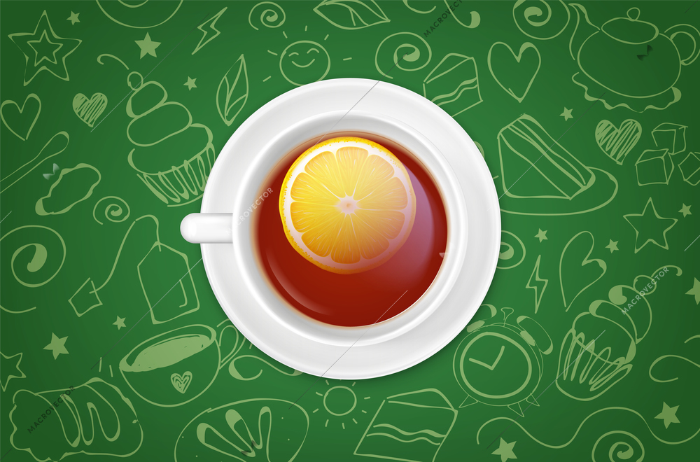 White cup of black tea with lemon slice top view realistic composition on green seamless pattern background vector illustration
