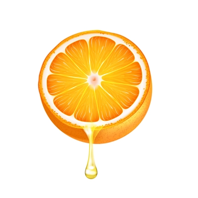 Drop of juice dripping from orange half on white background realistic vector illustration