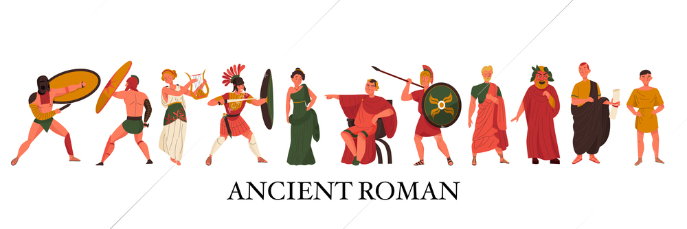 Ancient roman people with flat characters of gladiators women emperor nobles senator slave army isolated vector illustration