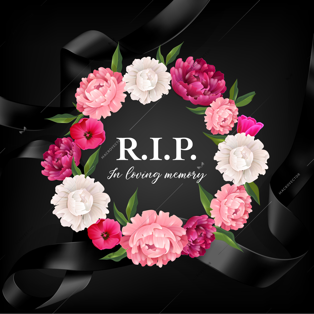 In loving memory composition with editable ornate text surrounded by funeral wreath on black ribbon background vector illustration